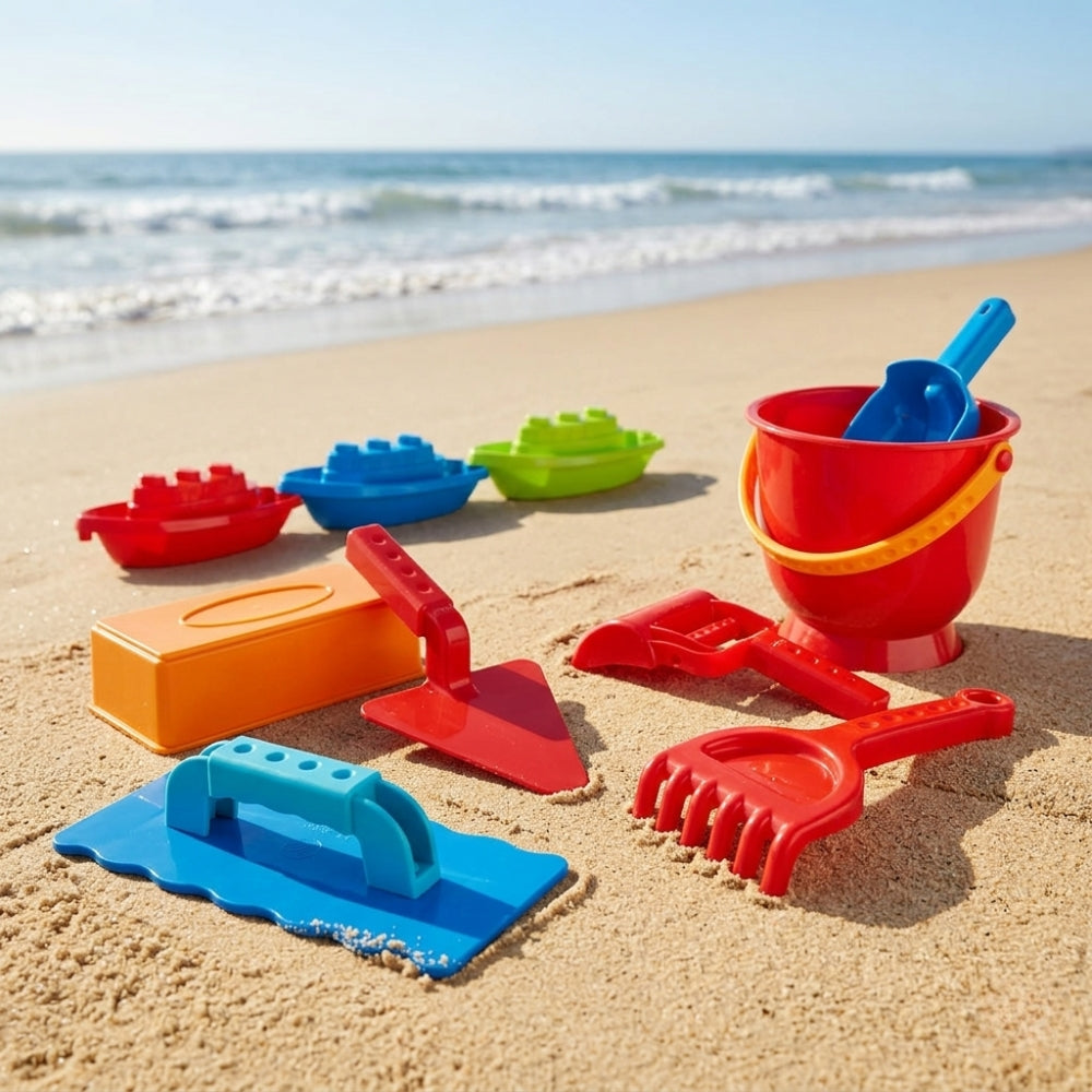 Kit Playero para Niños – Cubo, Pala, Barcos Apilables y Excavadora